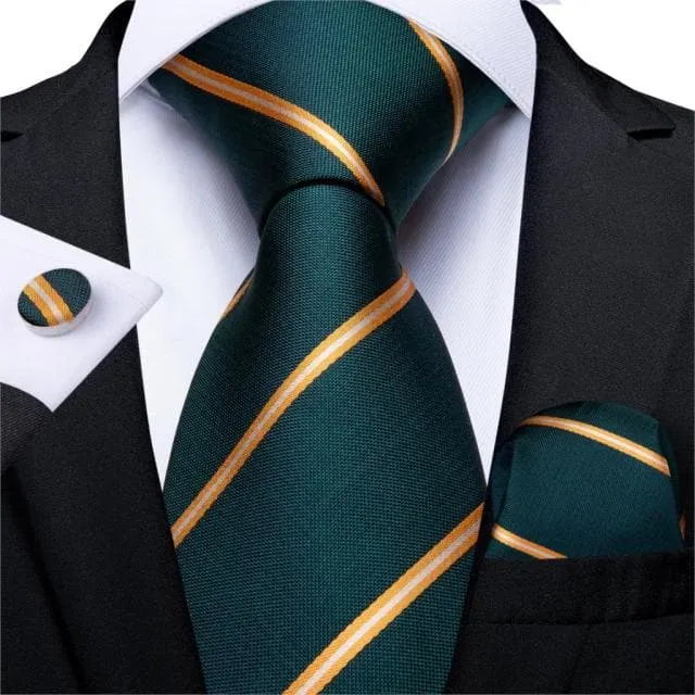 DBG VIP Design Collection Mens Fashion Deep Emerald Green Golden Stripes Design 100 Premium Quality Silk Ties Divine Inspiration Styles Earrings