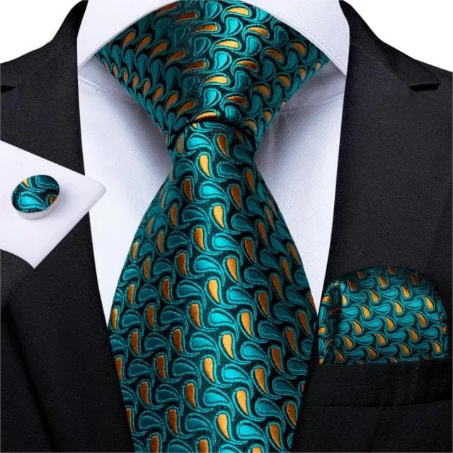 DBG VIP Design Collection Mens Fashion Deep Emerald Green Golden Stripes Design 100 Premium Quality Silk Ties Divine Inspiration Styles Earrings