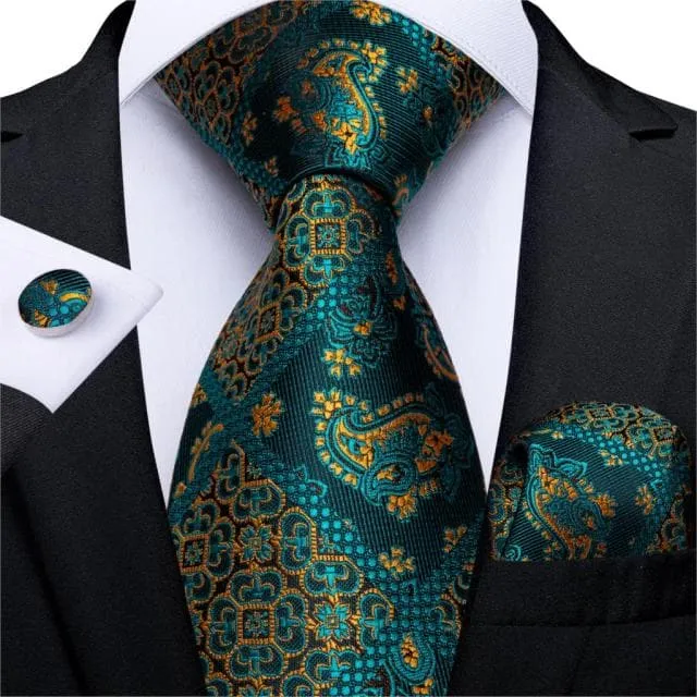 DBG VIP Design Collection Mens Fashion Deep Emerald Green Golden Stripes Design 100 Premium Quality Silk Ties Divine Inspiration Styles Earrings
