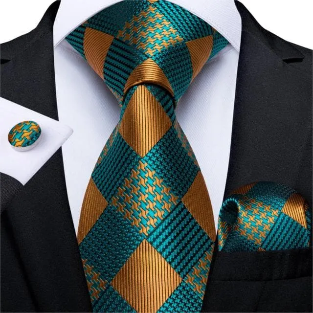 DBG VIP Design Collection Mens Fashion Deep Emerald Green Golden Stripes Design 100 Premium Quality Silk Ties Divine Inspiration Styles Earrings