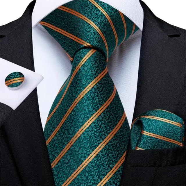 DBG VIP Design Collection Mens Fashion Deep Emerald Green Golden Stripes Design 100 Premium Quality Silk Ties Divine Inspiration Styles Earrings