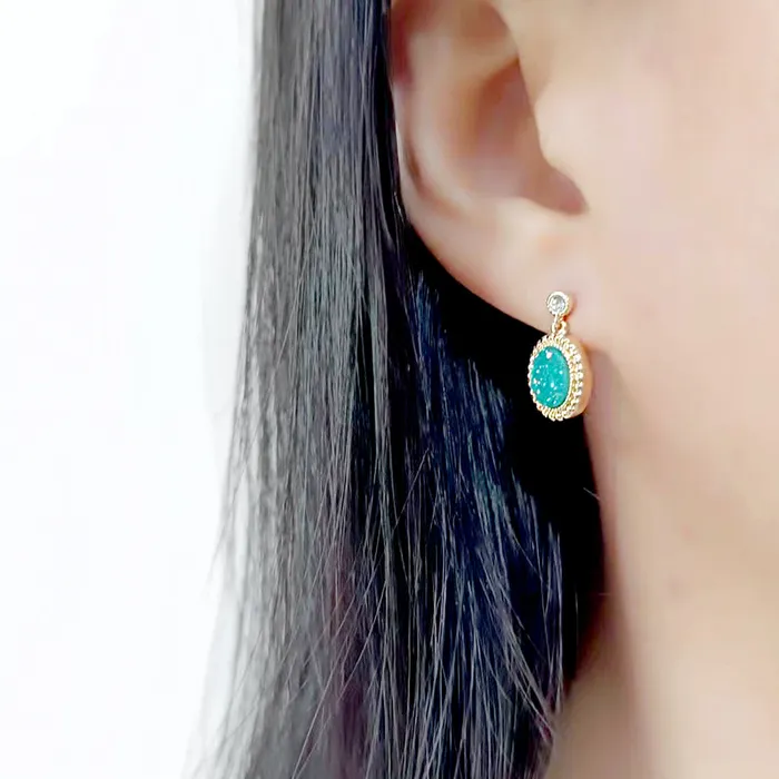 Earrings Alamode 3W1731E Flash GoldEcoating Brass Earring with Druzy in Sea Blue