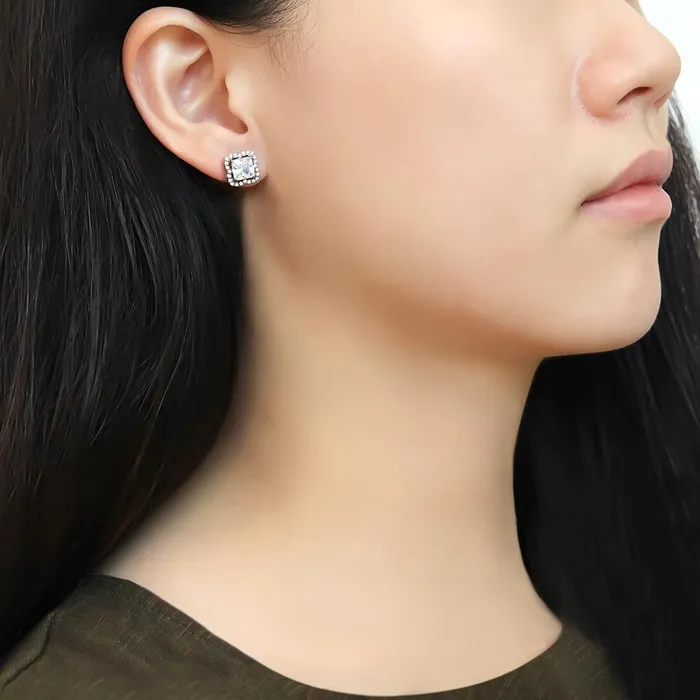 Earrings Alamode DA081 High polished no plating Stainless Steel Earrings with AAA Grade CZ in Clear