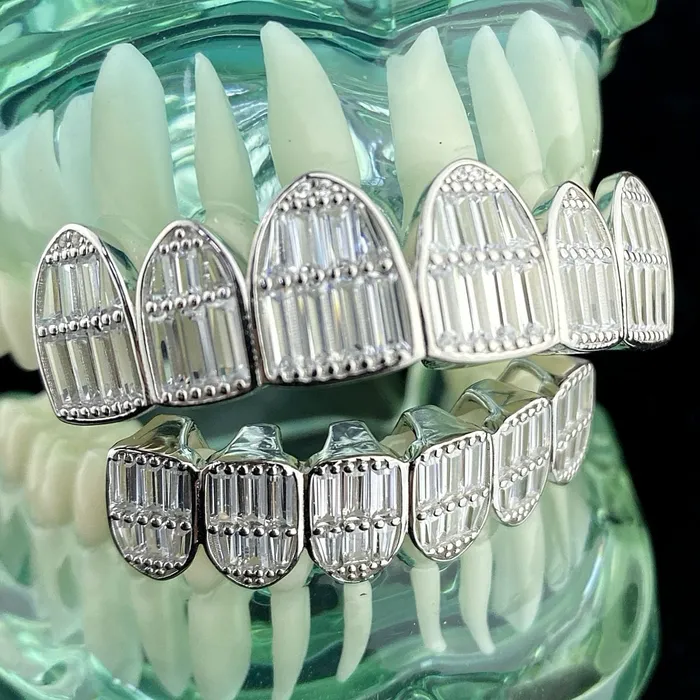 Earrings Bling Cartel Admin Solid 925 Sterling Silver Six on Six Iced Baguette Grillz Set