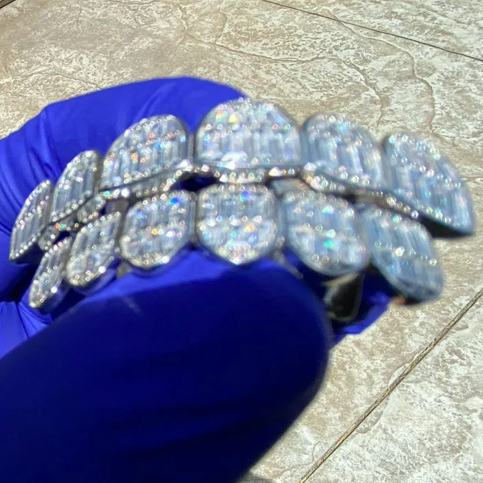Earrings Bling Cartel Admin Solid 925 Sterling Silver Six on Six Iced Baguette Grillz Set
