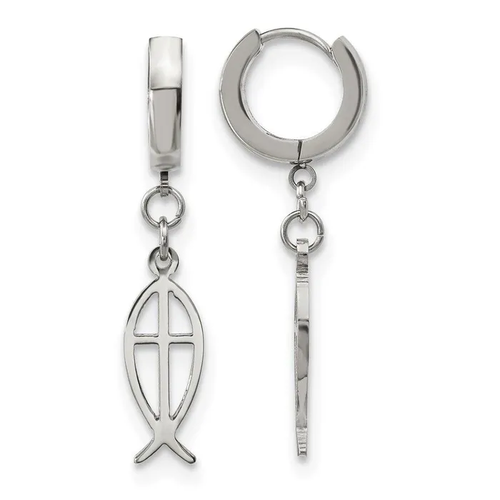 Earrings Chisel Stainless Steel Polished Ichthus Hinged Hoop Dangle Earrings Earrings Chisel Stainless Steel Polished Ichthus Hinged Hoop Dangle Earrings