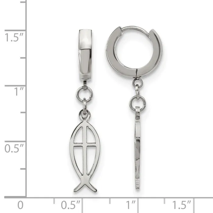 Earrings Chisel Stainless Steel Polished Ichthus Hinged Hoop Dangle Earrings Earrings Chisel Stainless Steel Polished Ichthus Hinged Hoop Dangle Earrings