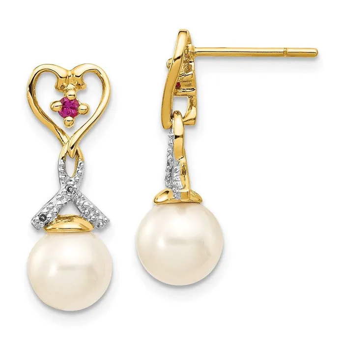 Earrings Jewelry 14k 78mm FWC Pearl Created Ruby Diamond Heart Dangle Earrings Earrings Jewelry 14k 78mm FWC Pearl Created Ruby Diamond Heart Dangle Earrings