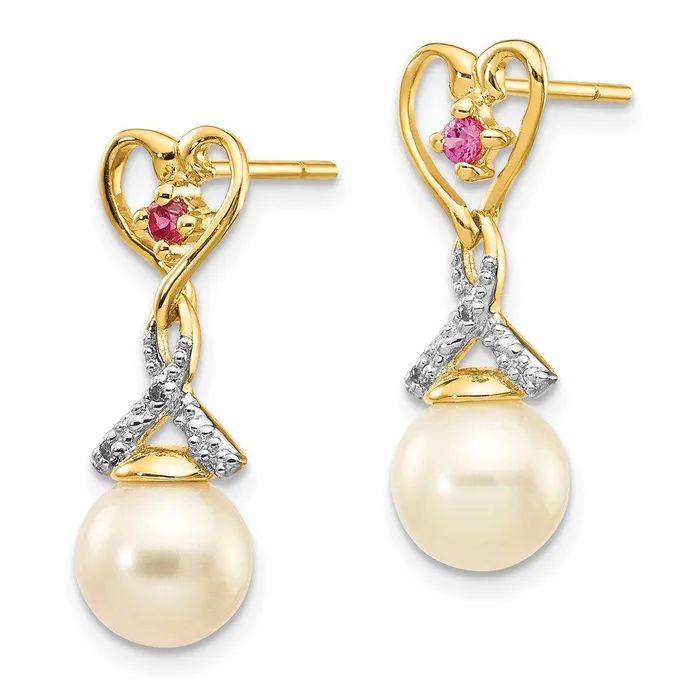 Earrings Jewelry 14k 78mm FWC Pearl Created Ruby Diamond Heart Dangle Earrings Earrings Jewelry 14k 78mm FWC Pearl Created Ruby Diamond Heart Dangle Earrings