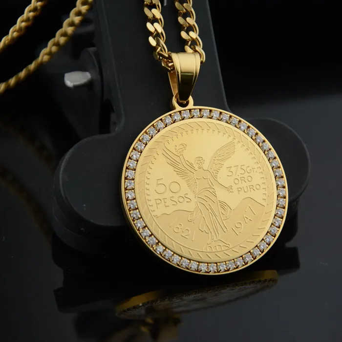 Iced Bezel 14k Gold Centenario Pendant Necklace VVS Jewelry Necklaces