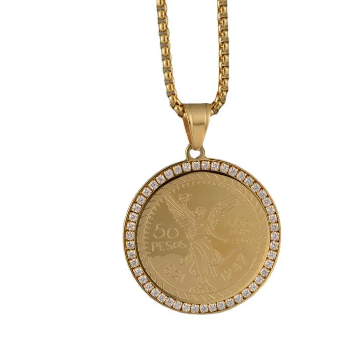 Iced Bezel 14k Gold Centenario Pendant Necklace VVS Jewelry Necklaces