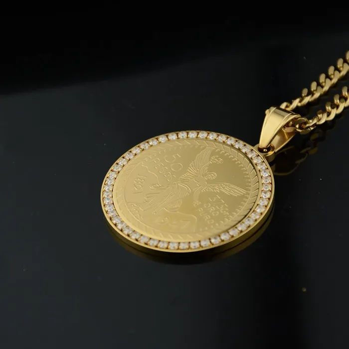 Iced Bezel 14k Gold Centenario Pendant Necklace VVS Jewelry Necklaces