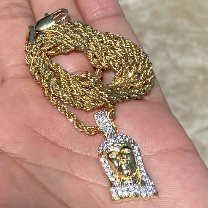 Jesus Head Micro Pave Gold Finish Rope Chain Necklace 24 Bling Cartel Admin Necklaces