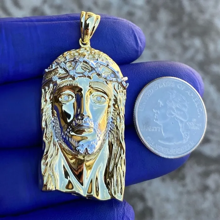 Necklaces Bling Cartel Admin 14k Gold Plated 925 Sterling Silver Real VS Diamonds Jesus Head Pendant Medium SZ 175 Necklaces Bling Cartel Admin 14k Gold Plated 925 Sterling Silver Real VS Diamonds Jesus Head Pendant Medium SZ 175