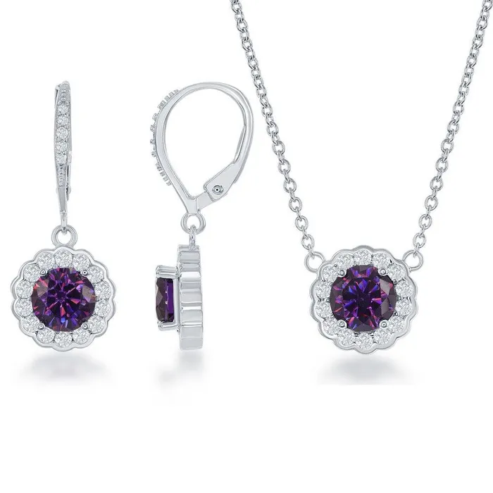 Necklaces Classic Sterling Silver February Birthstone With CZ Border Round Earrings and Necklace Set Necklaces Classic Sterling Silver February Birthstone With CZ Border Round Earrings and Necklace Set