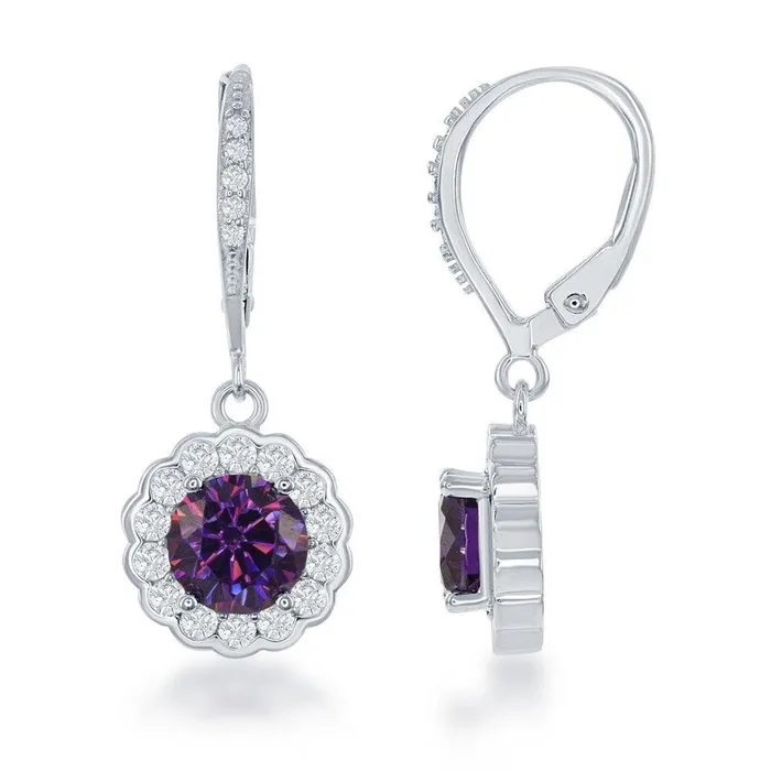 Necklaces Classic Sterling Silver February Birthstone With CZ Border Round Earrings and Necklace Set Necklaces Classic Sterling Silver February Birthstone With CZ Border Round Earrings and Necklace Set