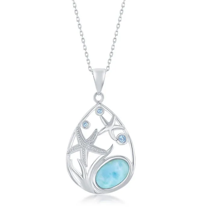 Necklaces Classic Sterling Silver pearShaped Starfish Blue CZ and Larimar Pendant