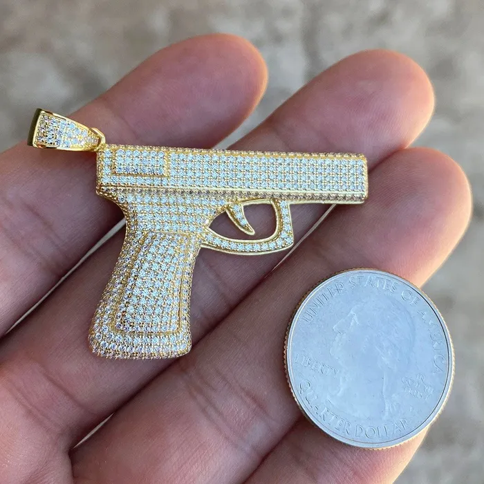 Necklaces Gun Pistol Iced Pendant Gold Finish Over 925 Sterling Silver Bling Cartel Admin