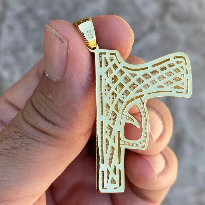 Necklaces Gun Pistol Iced Pendant Gold Finish Over 925 Sterling Silver Bling Cartel Admin