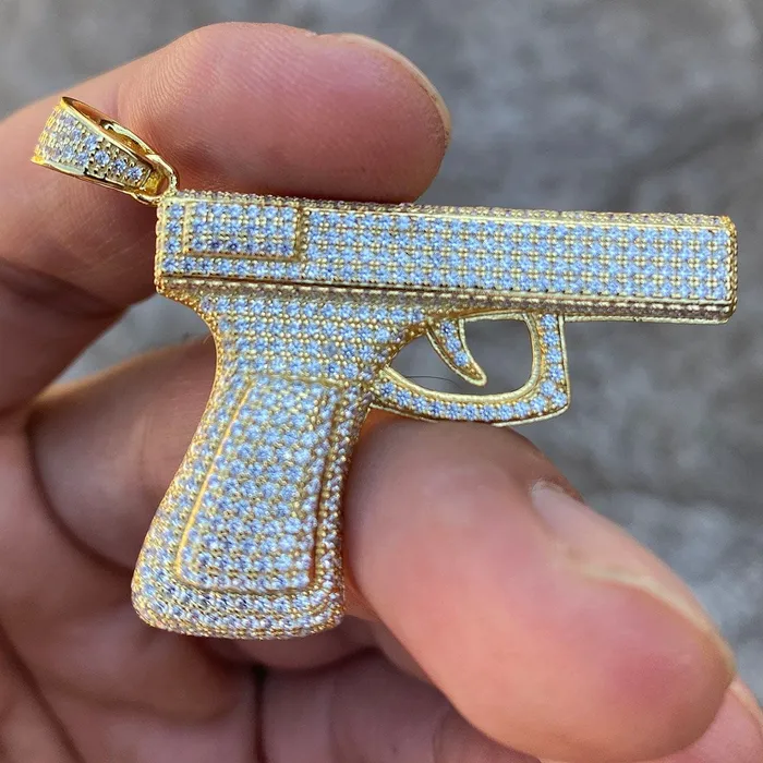 Necklaces Gun Pistol Iced Pendant Gold Finish Over 925 Sterling Silver Bling Cartel Admin