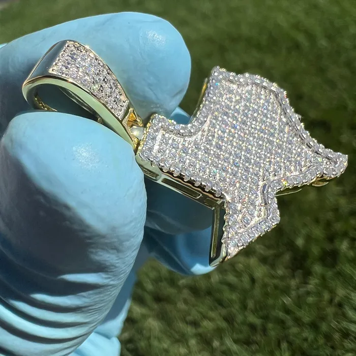 Necklaces Harlem 14k Gold Plated 925 Sterling Silver Texas State Iced Flooded Out CZ Pendant Necklaces Harlem 14k Gold Plated 925 Sterling Silver Texas State Iced Flooded Out CZ Pendant
