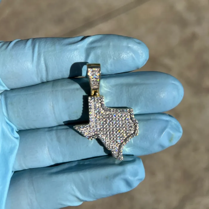 Necklaces Harlem 14k Gold Plated 925 Sterling Silver Texas State Iced Flooded Out CZ Pendant Necklaces Harlem 14k Gold Plated 925 Sterling Silver Texas State Iced Flooded Out CZ Pendant