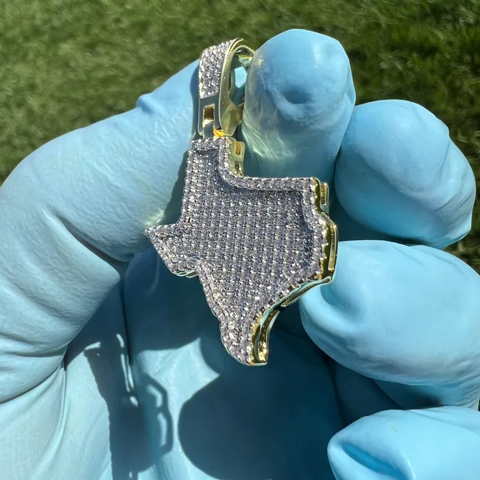 Necklaces Harlem 14k Gold Plated 925 Sterling Silver Texas State Iced Flooded Out CZ Pendant Necklaces Harlem 14k Gold Plated 925 Sterling Silver Texas State Iced Flooded Out CZ Pendant