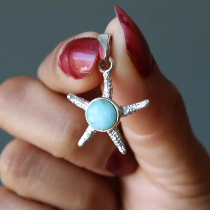 Necklaces Satin Crystals Larimar Pendant Blue Starfish Spirit Stone Sterling Silver