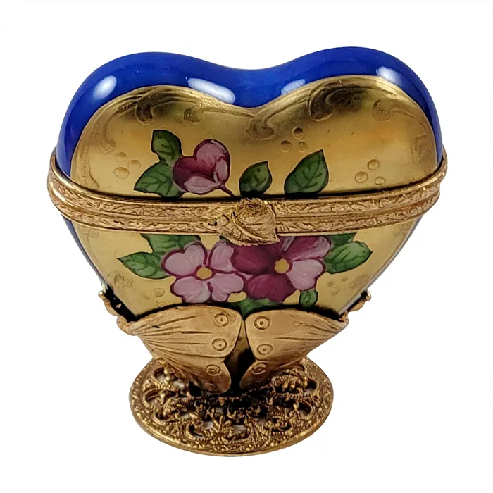 Rochard Limoges Earrings Rochard Blue and Gold Heart on Butterfly Brass Stand Limoges Box Rochard Limoges Earrings Rochard Blue and Gold Heart on Butterfly Brass Stand Limoges Box