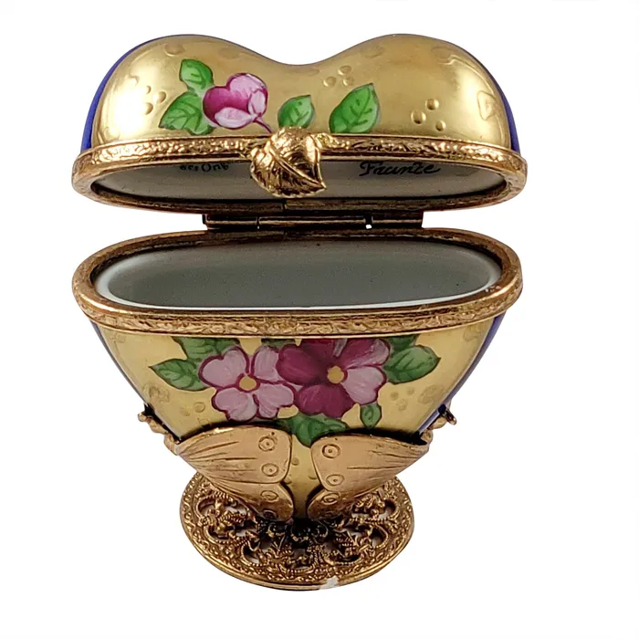 Rochard Limoges Earrings Rochard Blue and Gold Heart on Butterfly Brass Stand Limoges Box