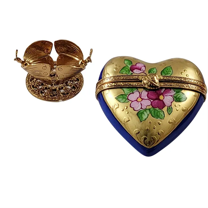 Rochard Limoges Earrings Rochard Blue and Gold Heart on Butterfly Brass Stand Limoges Box
