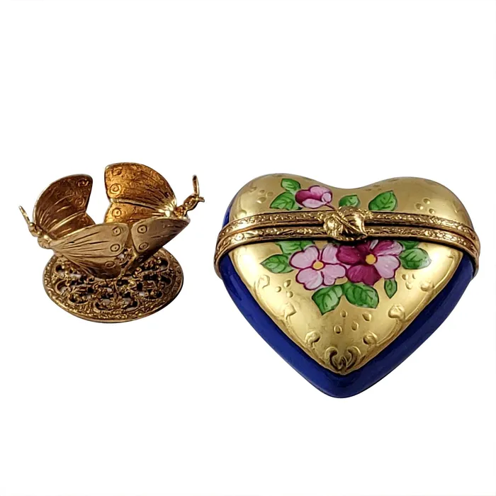 Rochard Limoges Earrings Rochard Blue and Gold Heart on Butterfly Brass Stand Limoges Box