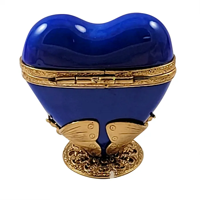 Rochard Limoges Earrings Rochard Blue and Gold Heart on Butterfly Brass Stand Limoges Box