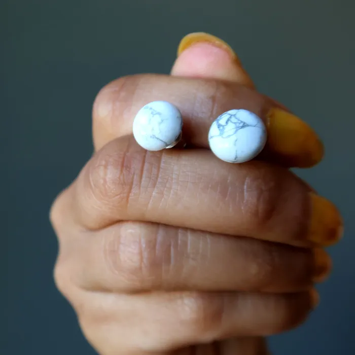 Satin Crystals Earrings Howlite Earrings Pretty Little White Gems Stud Silver