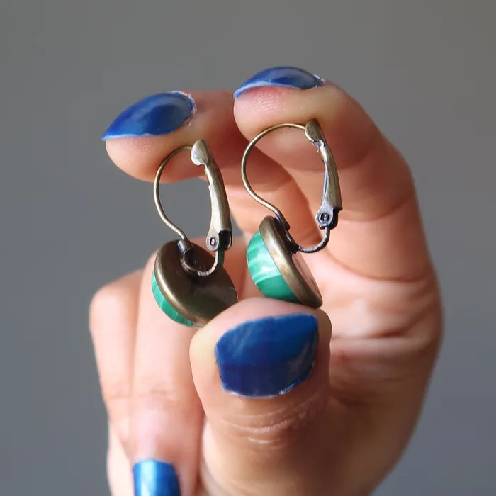 Satin Crystals Earrings Malachite Leverback Earrings Lucky Green Stone