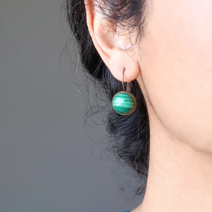 Satin Crystals Earrings Malachite Leverback Earrings Lucky Green Stone
