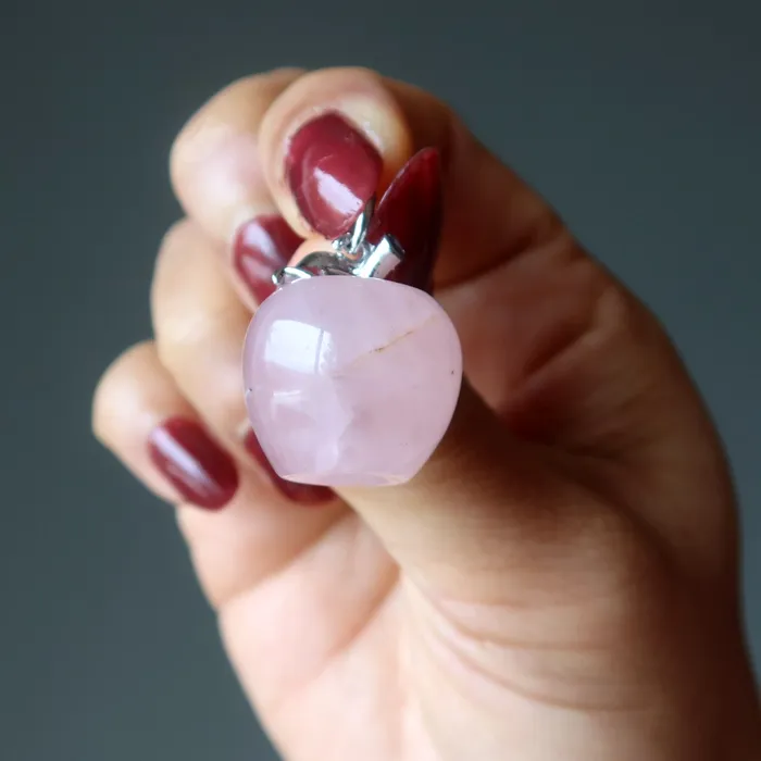 Satin Crystals Rose Quartz Pendant Pink Apple Love Stone Silver Necklaces