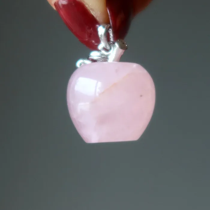 Satin Crystals Rose Quartz Pendant Pink Apple Love Stone Silver Necklaces