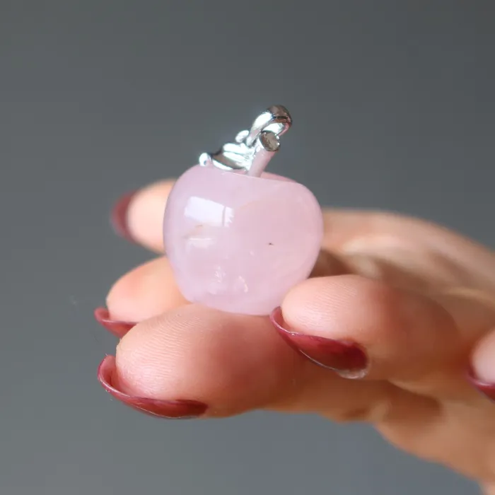 Satin Crystals Rose Quartz Pendant Pink Apple Love Stone Silver Necklaces