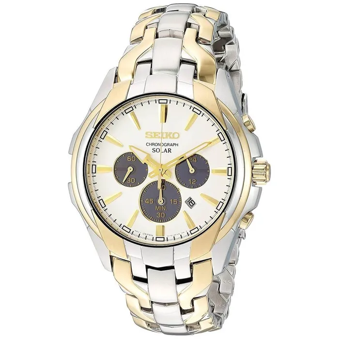 Seiko Mens Eco Drive Watch Solar Black and Gold Tone Dial Bracelet SSC634 Seiko Bracelets Seiko Mens Eco Drive Watch Solar Black and Gold Tone Dial Bracelet SSC634 Seiko Bracelets