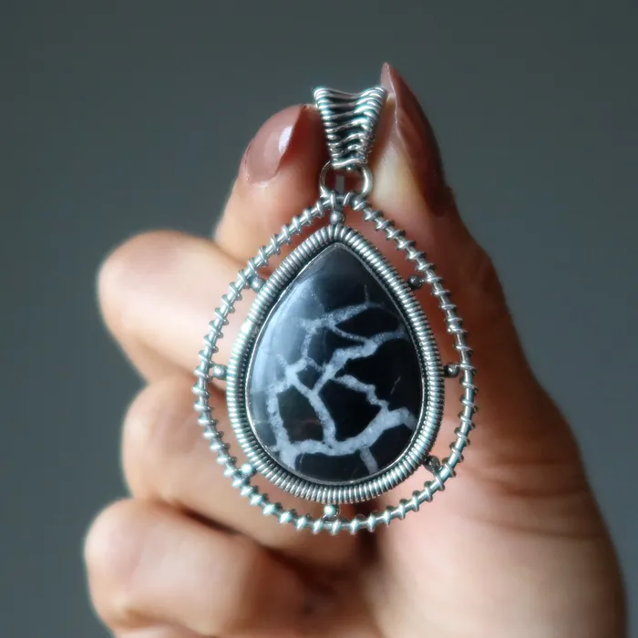 Septarian Pendant Dragon Labyrinth Stone Sterling Silver Satin Crystals Necklaces