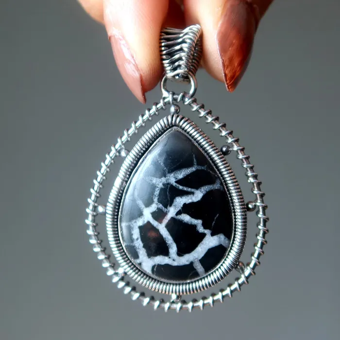Septarian Pendant Dragon Labyrinth Stone Sterling Silver Satin Crystals Necklaces