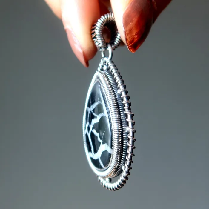 Septarian Pendant Dragon Labyrinth Stone Sterling Silver Satin Crystals Necklaces