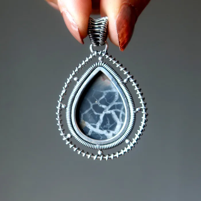 Septarian Pendant Dragon Labyrinth Stone Sterling Silver Satin Crystals Necklaces