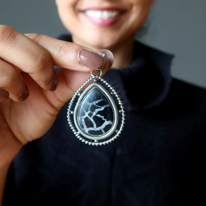 Septarian Pendant Dragon Labyrinth Stone Sterling Silver Satin Crystals Necklaces