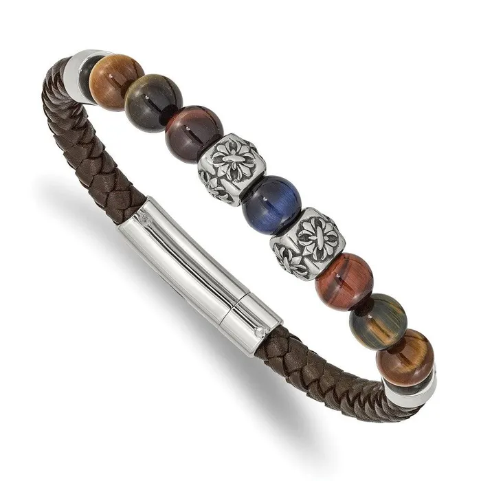 Stainless Steel Antiqued Polished MultiColor Tigers Eye Leather Bracelet Chisel Bracelets Stainless Steel Antiqued Polished MultiColor Tigers Eye Leather Bracelet Chisel Bracelets
