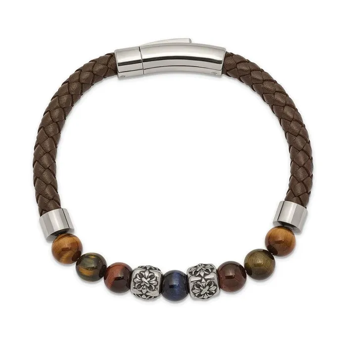 Stainless Steel Antiqued Polished MultiColor Tigers Eye Leather Bracelet Chisel Bracelets Stainless Steel Antiqued Polished MultiColor Tigers Eye Leather Bracelet Chisel Bracelets