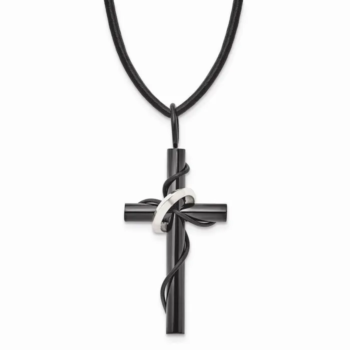 Stainless Steel Polished Black IPplating Cross Leather Cord Necklace Chisel Necklaces Stainless Steel Polished Black IPplating Cross Leather Cord Necklace Chisel Necklaces