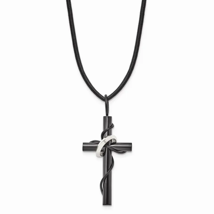 Stainless Steel Polished Black IPplating Cross Leather Cord Necklace Chisel Necklaces
