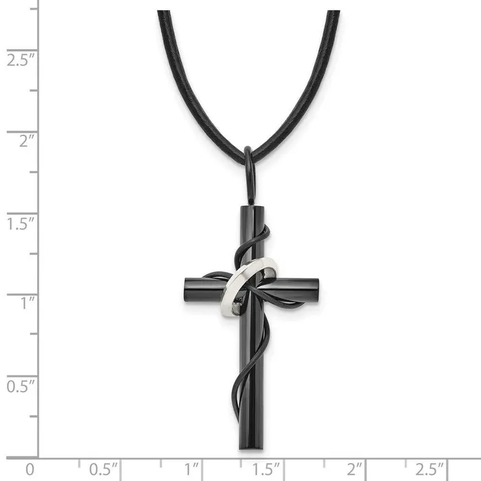 Stainless Steel Polished Black IPplating Cross Leather Cord Necklace Chisel Necklaces